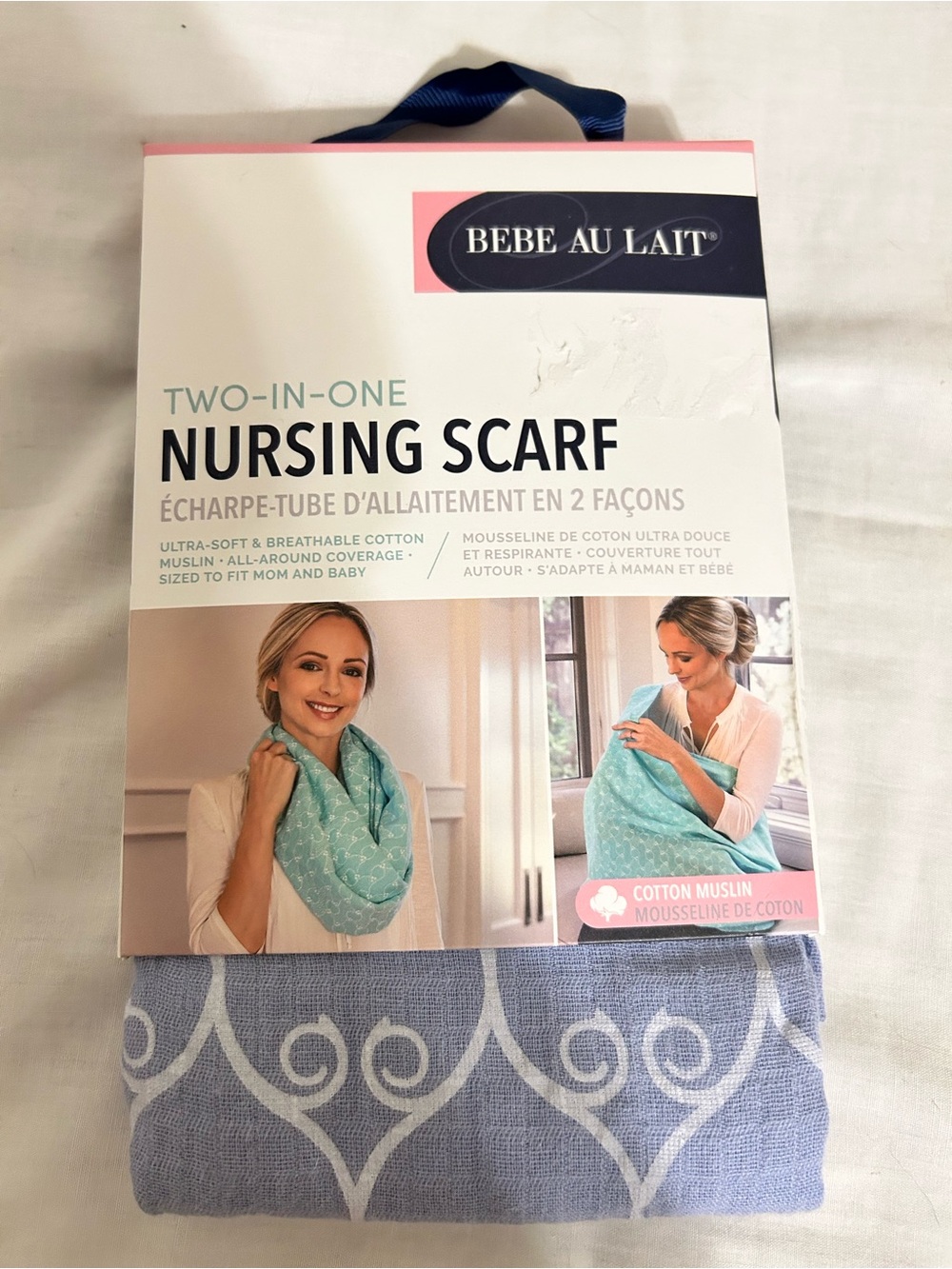 Bebe au Lait Nursing Scarf in Light Blue and White Scroll Pattern/NWT